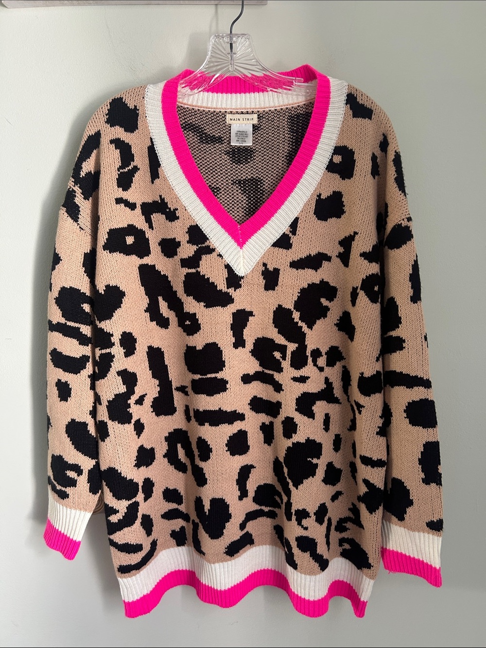 Main Strip Beige and Black Leopard V-Neck Sweater with Hot Pink Trim